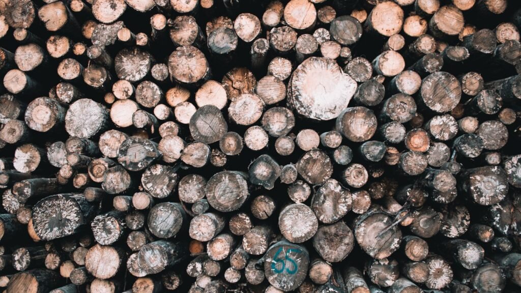 Bûches de bois de chauffage empilées, vue en plongée