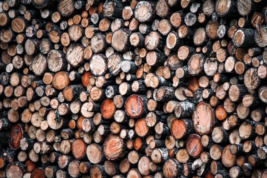 Bûches de bois de chauffage coupées et empilées